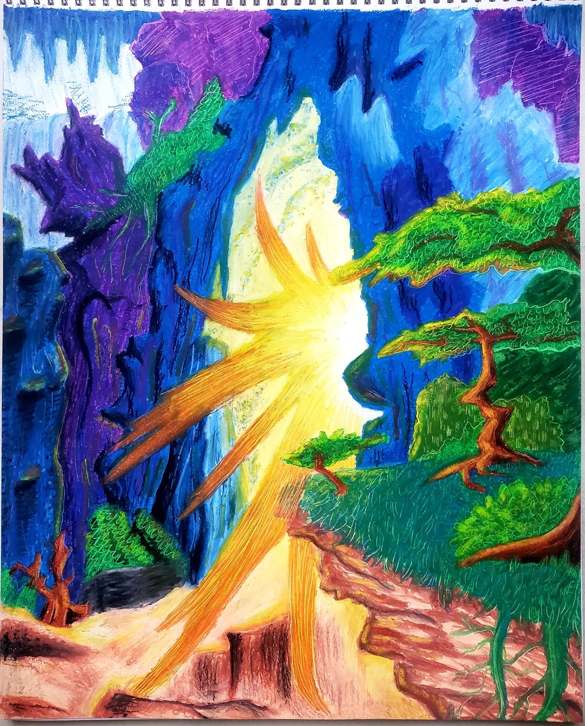 Fantastical landscape with light and flames coming from a cave in the center of the landscape.