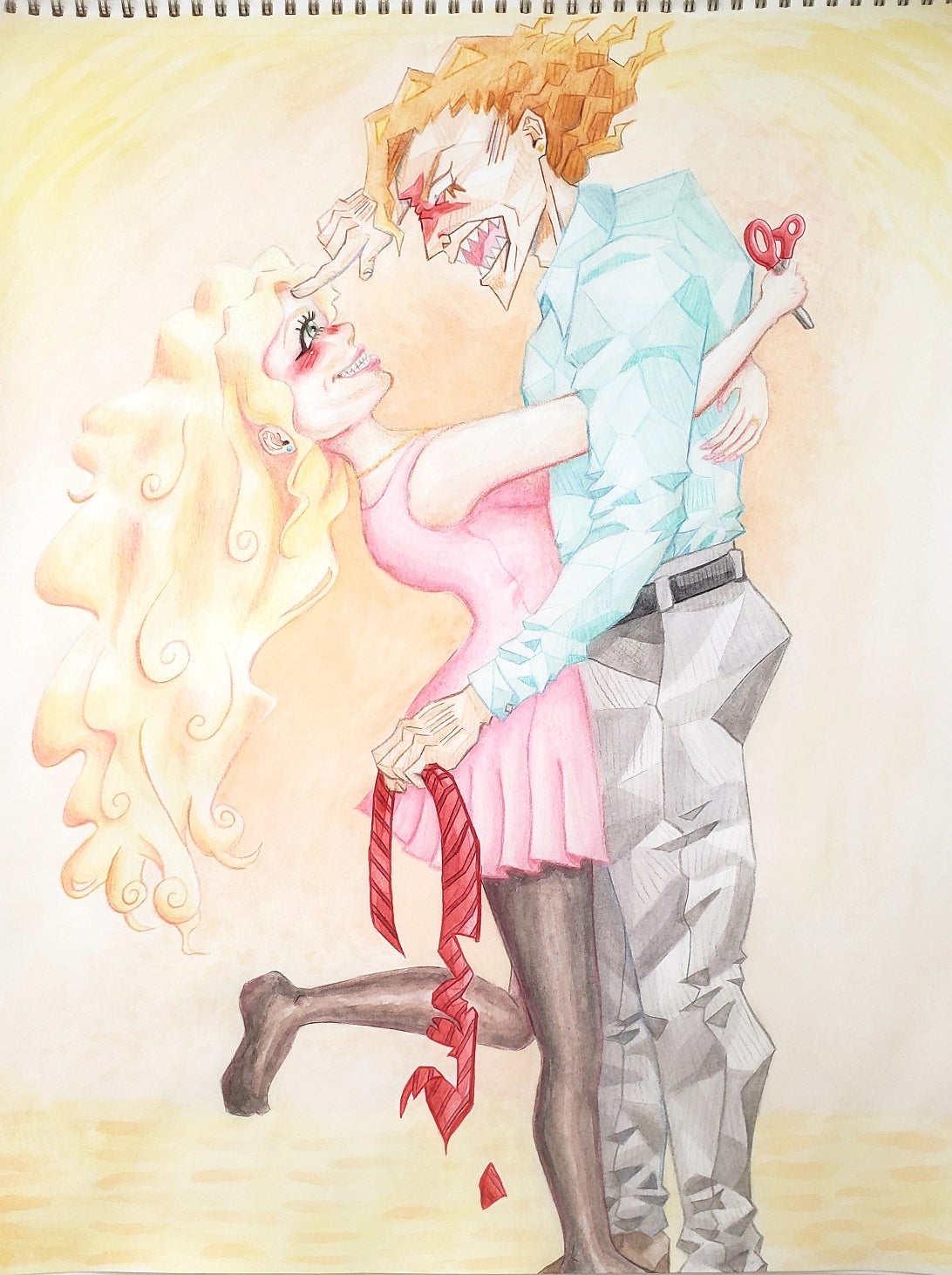 Woman holding scissors embraces man holding cut necktie