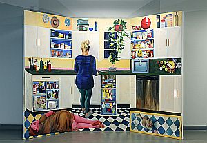 Artwork by Jess Lincoln: Alcove (Marie in the kitchen). 2019-2020. Oil on canvas, hinges. Each panel 47" x 90" 