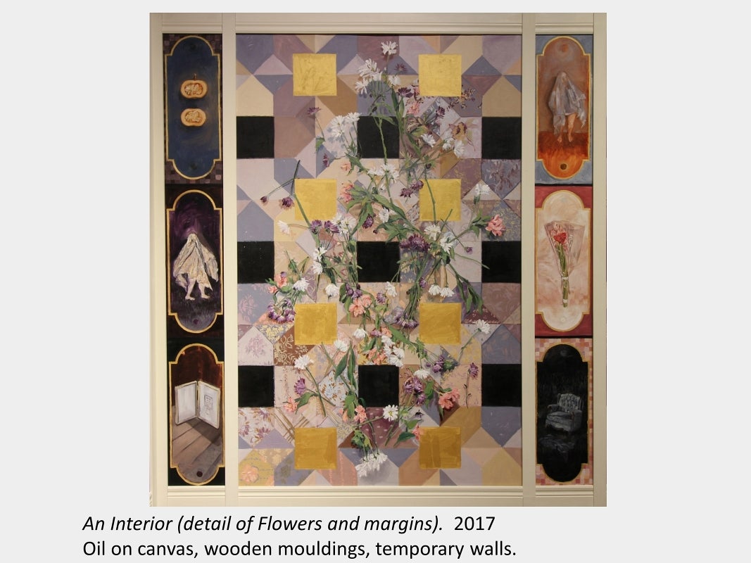 Artwork by Jess Lincoln. An Interior (detail of Flowers and margins), 2017, Oil on canvas, wooden mouldings
