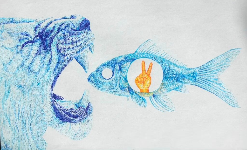 A blue fish (in it's middle a white circle and a yellow hand making the peace sign) swims into the open mouth of the blue lion. 
