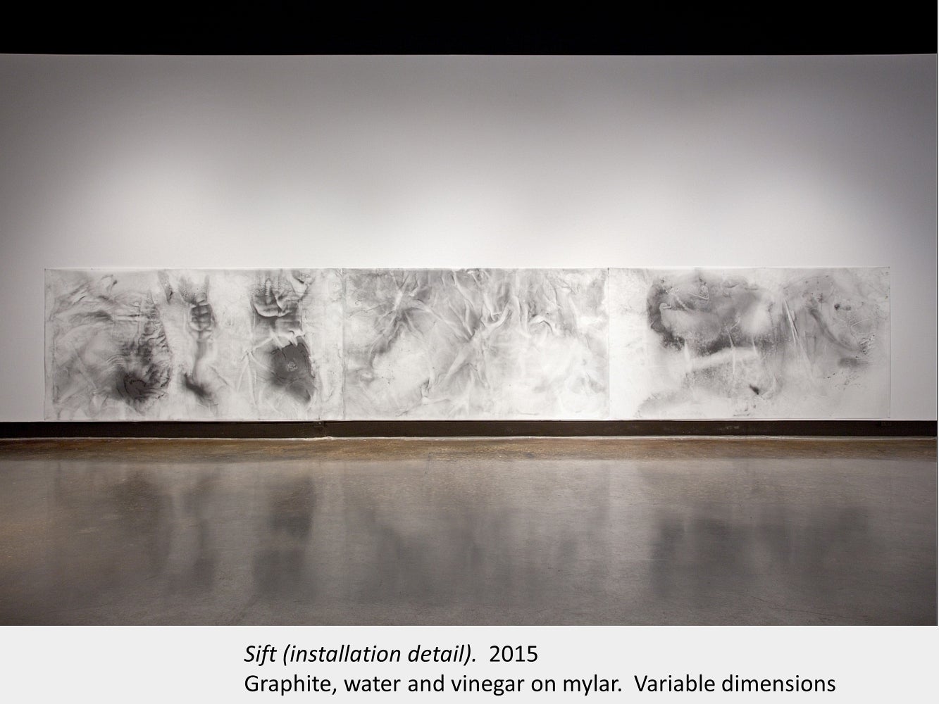 Artwork by Sarah Kernohan. Sift (installation view). 2015. Graphite, water and vinegar on mylar. Variable dimensions.