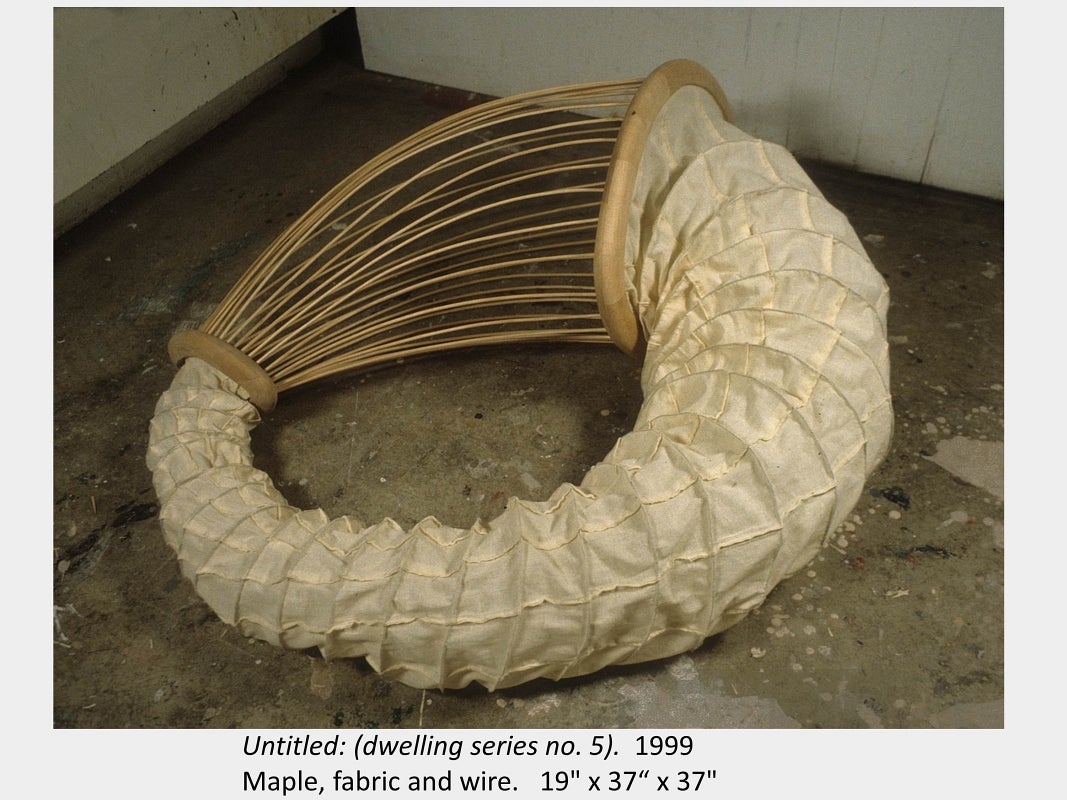Artwork by Arounna Khounnoraj. Untitled: (dwelling series no. 5). 1999. Maple, fabric and wire. 19" x 37“ x 37"