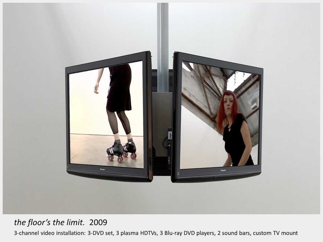 Artwork by Lois Andison.  the floor’s the limit.  2009, 3-channel video installation: 3-DVD set, 3 plasma HDTVs, 3 DVD playe