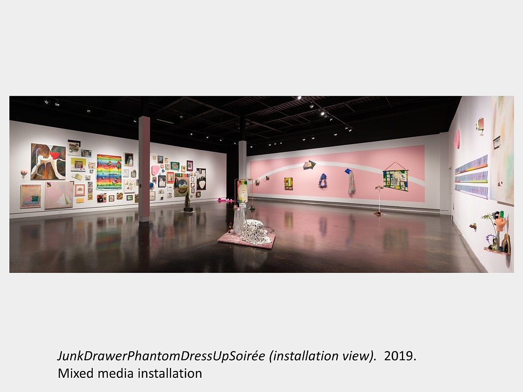 Lauren Prousky's exhibition "JunkDrawerPhantomDressUpSoirée" (installation view), 2019, mixed media installation