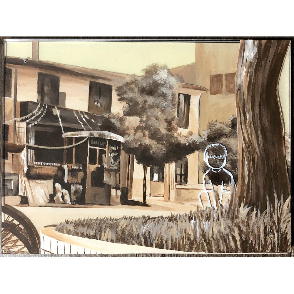 Painting on layers of clear plastic depicting a child outlined in white sitting under a tree in front of a shop.