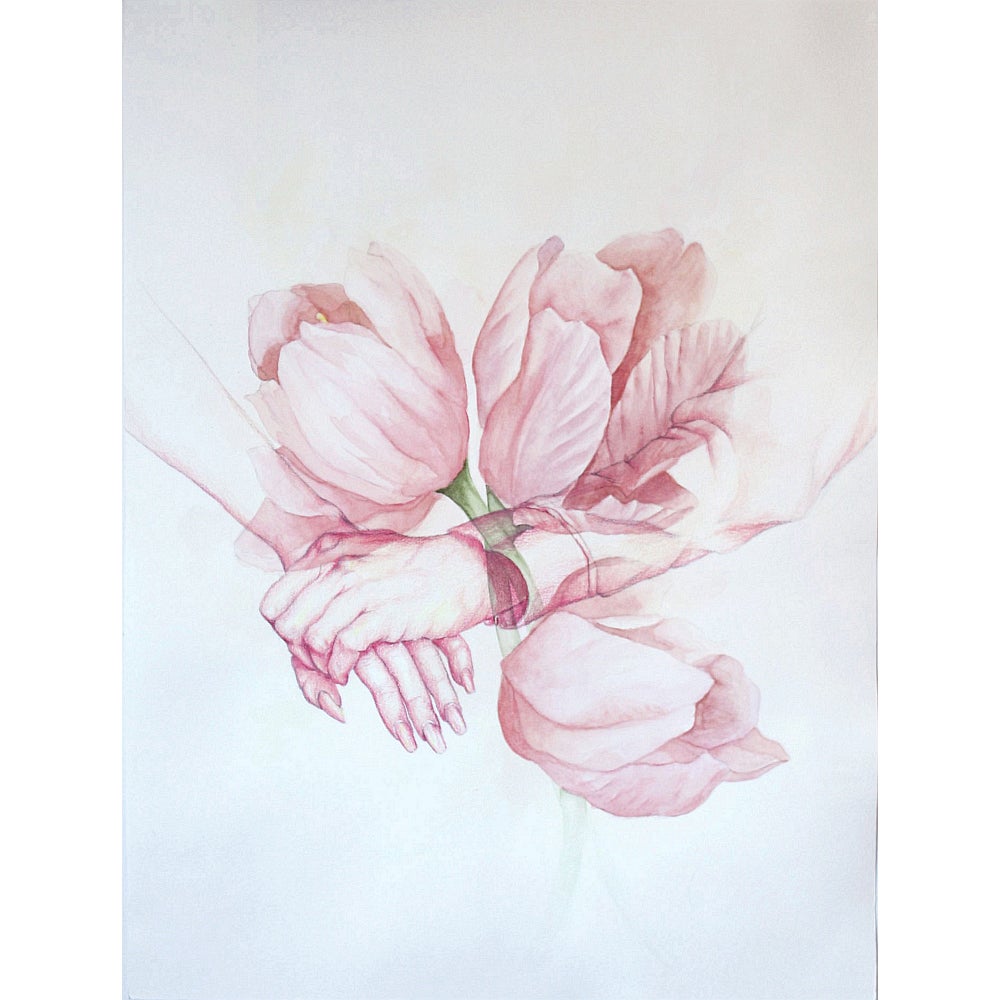 Drawing in shades of pink showing three tulip flowers superimposed with two hands, one clasping the wrist of the other.