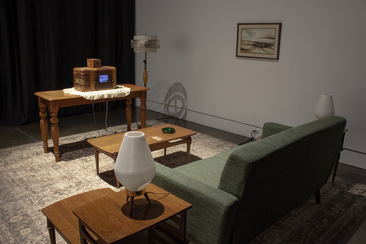 A mid-century decor living room set organized around a 1940s television broadcasting AI generated content.