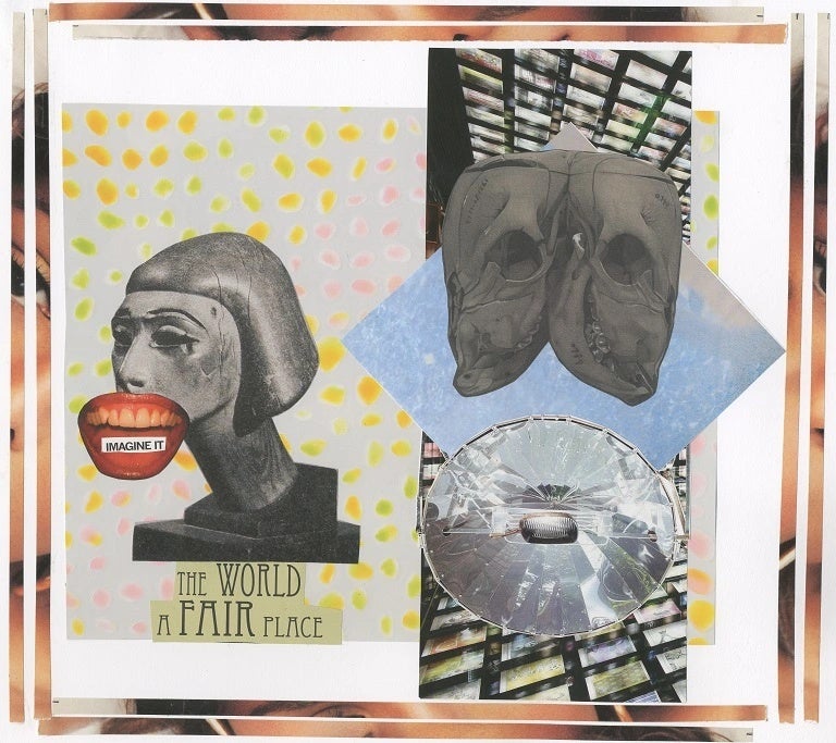 Photographic collage of a animals skulls, headlights and sculptured head with text "Imagine it - the world a fair place"