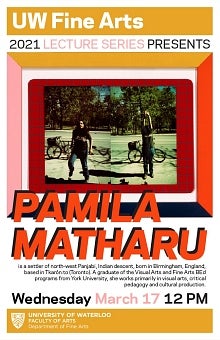 UW Fine Arts lecture series poster presenting Pamila Matharu.