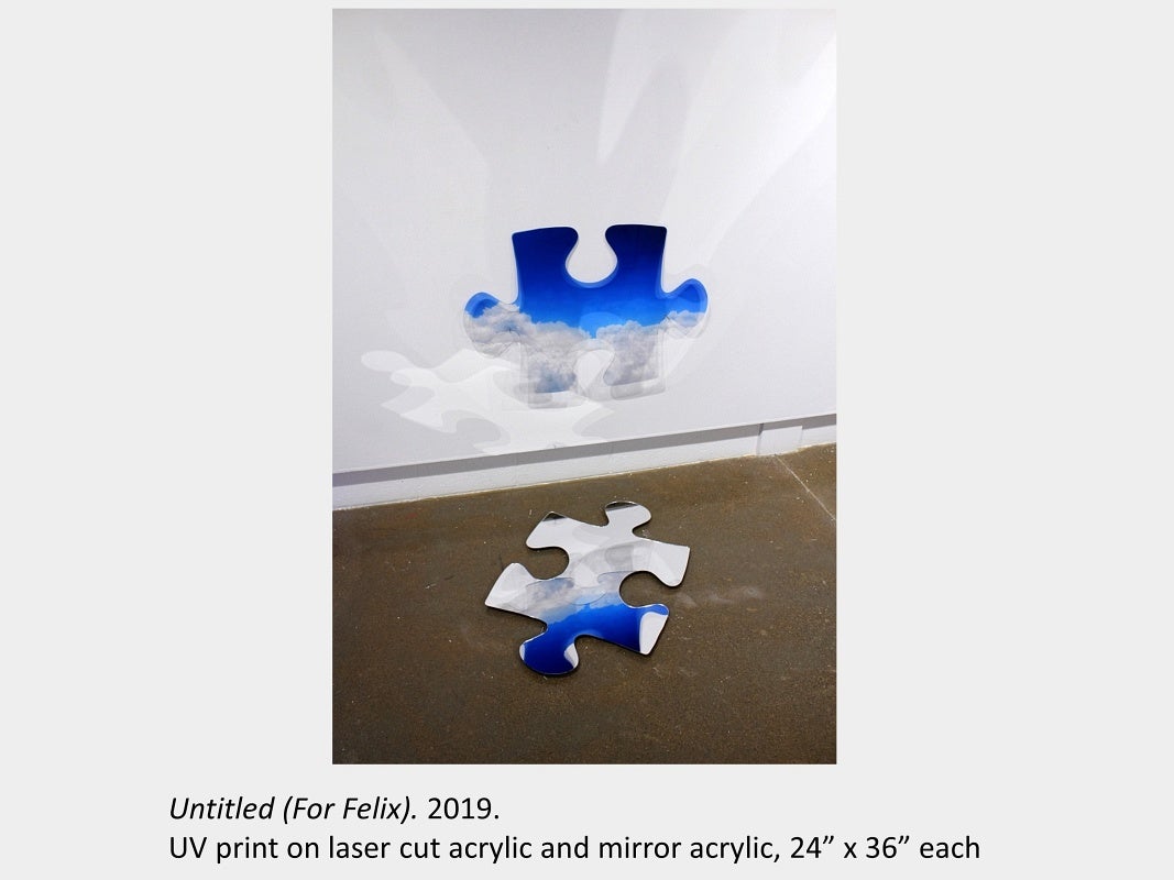 Tyler Matheson's artwork "Untitled (For Felix)", 2019, UV print on laser cut acrylic and mirror acrylic, 2’x3’each.