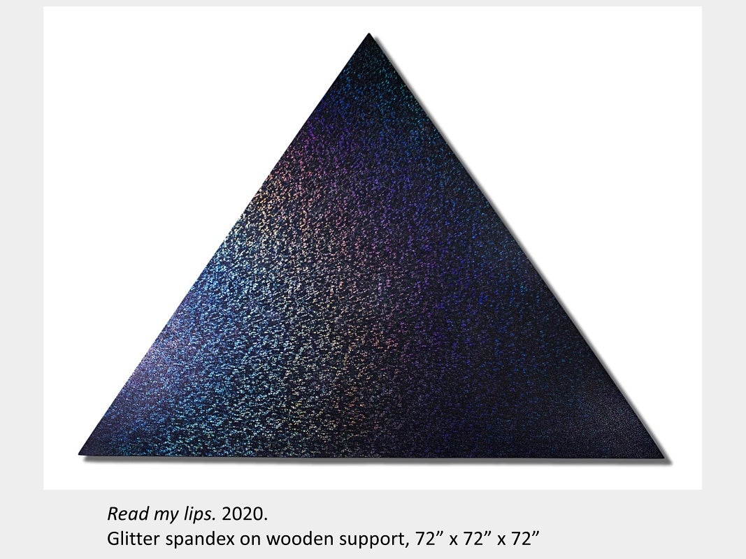 Tyler Matheson's artwork "Read my lips", 2020, glitter spandex on wooden support, 72”x72”x72”