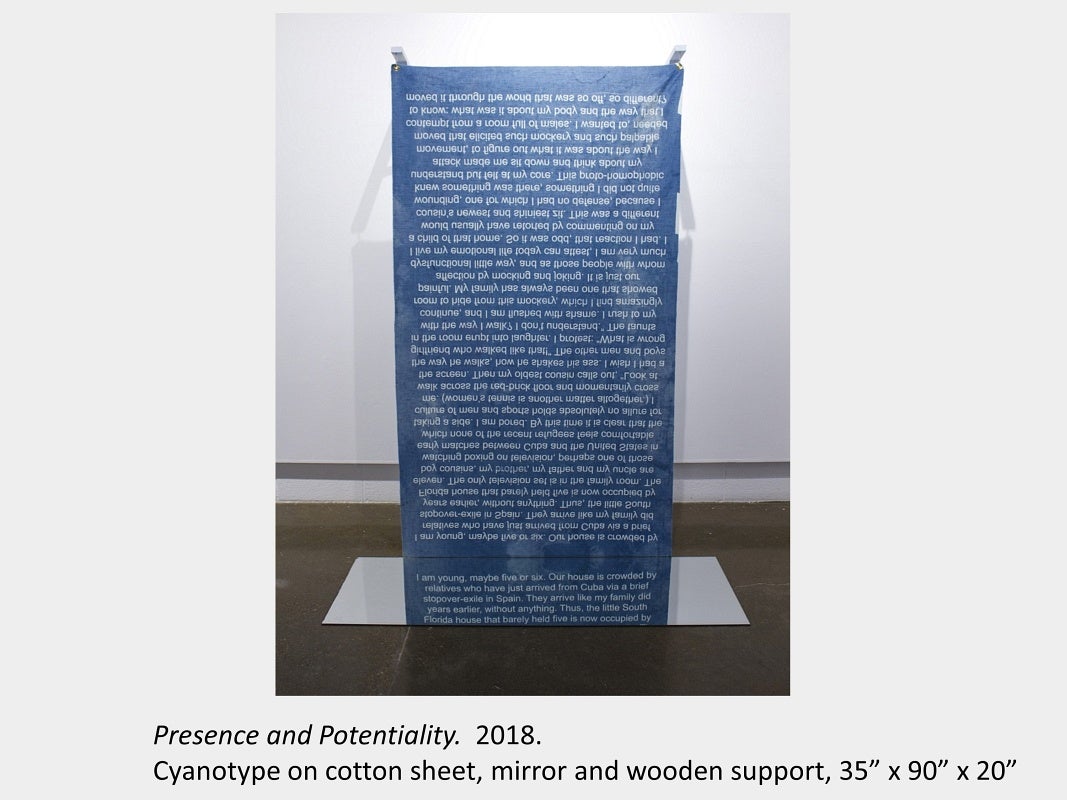 Tyler Matheson's artwork "Presence and Potentiality", 2018, cyanotype on cotton sheet, mirror and wooden support, 35”x90”x20”