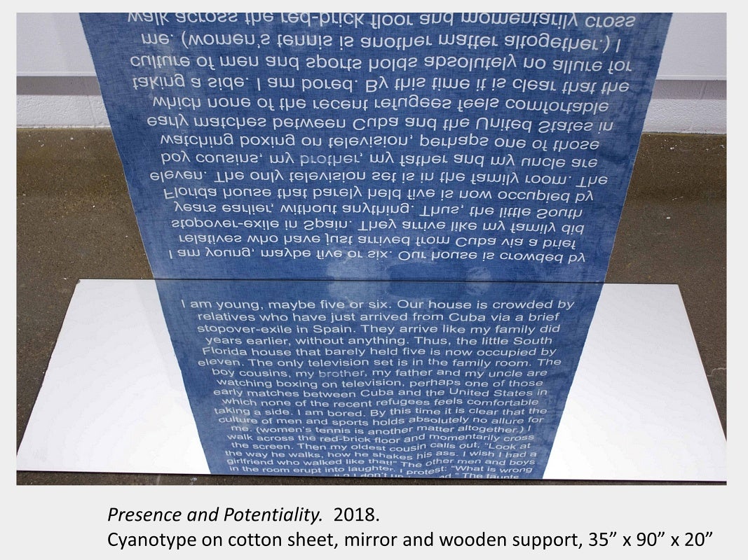 Tyler Matheson's artwork "Presence and Potentiality", 2018, cyanotype on cotton sheet, mirror and wooden support, 35”x90”x20”