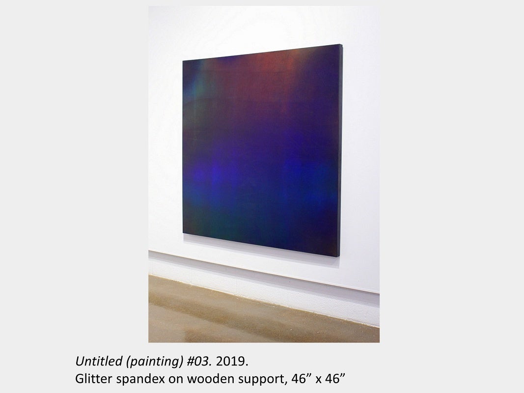 Tyler Matheson's artwork "Untitled (painting) #03", 2019, glitter spandex on wooden support, 46”x46”