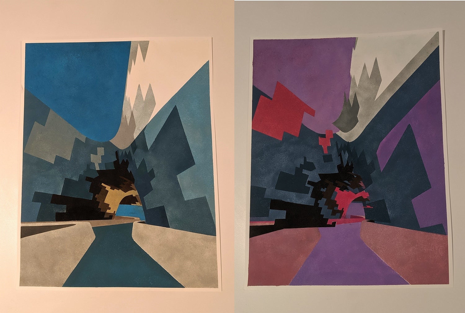 Two matching artworks composed of rectangular shapes arranged in a pattern to appear to converge in the lower middle of page 