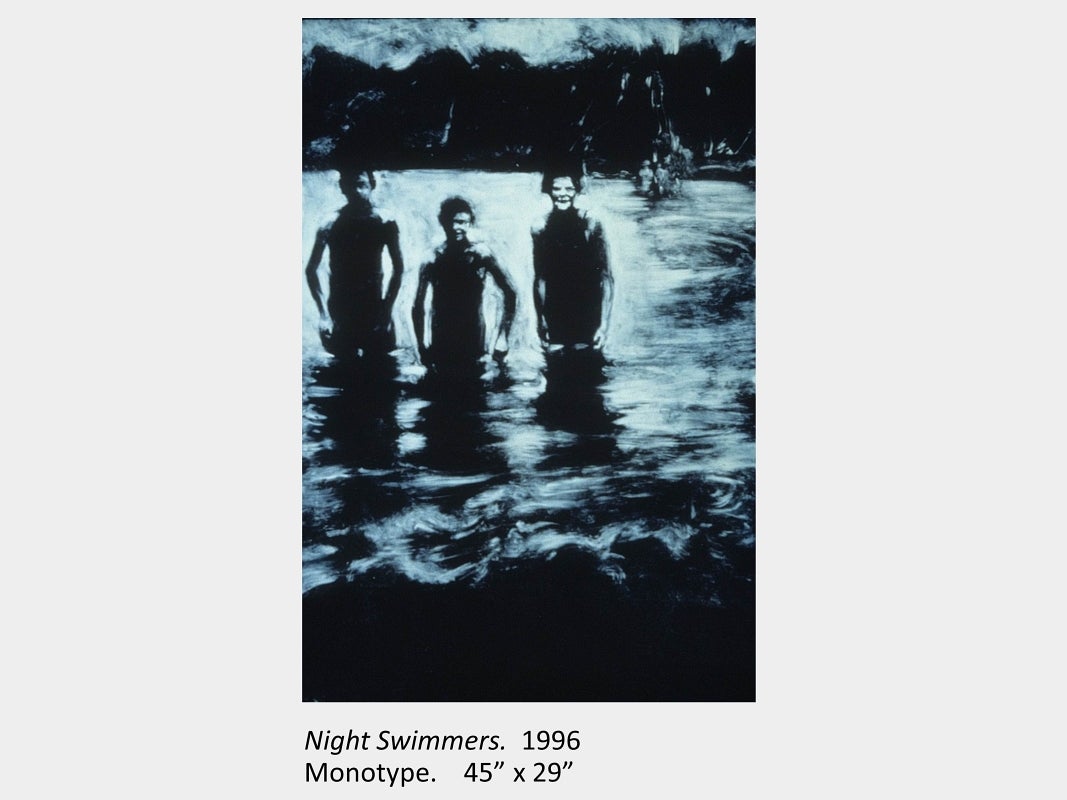 Artwork by Eva McCauley. Night Swimmers. 1996. Monotype. 45” x 29”