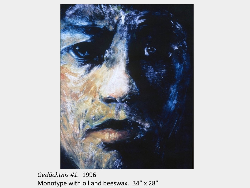 Artwork by Eva McCauley. Gedächtnis #1. 1996. Monotype with oil and beeswax. 34” x 28”