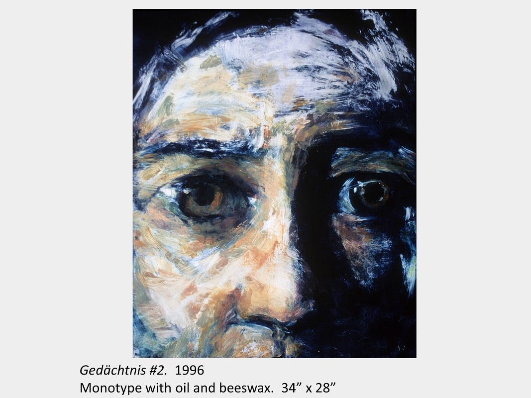 Artwork by Eva McCauley. Gedächtnis #2. 1996. Monotype with oil and beeswax. 34” x 28”