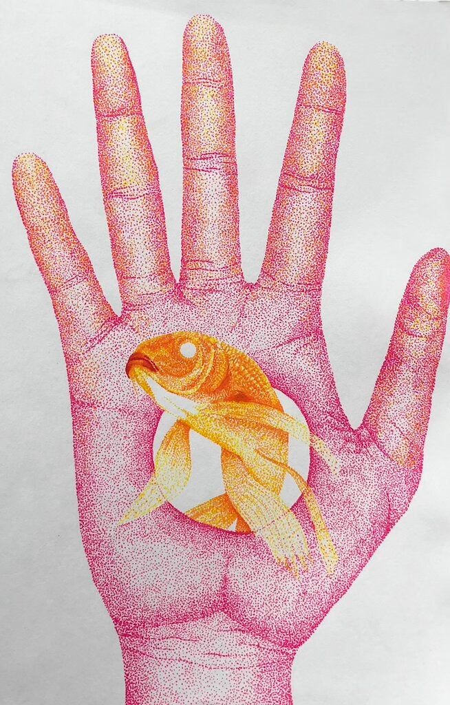 Hand and fingers in shades of pink with a white hole in the center of the hand which a goldfish swims through.