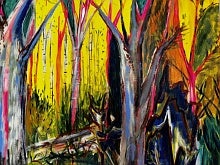 Painting of vividly coloured tree trunks against a yellow sky.
