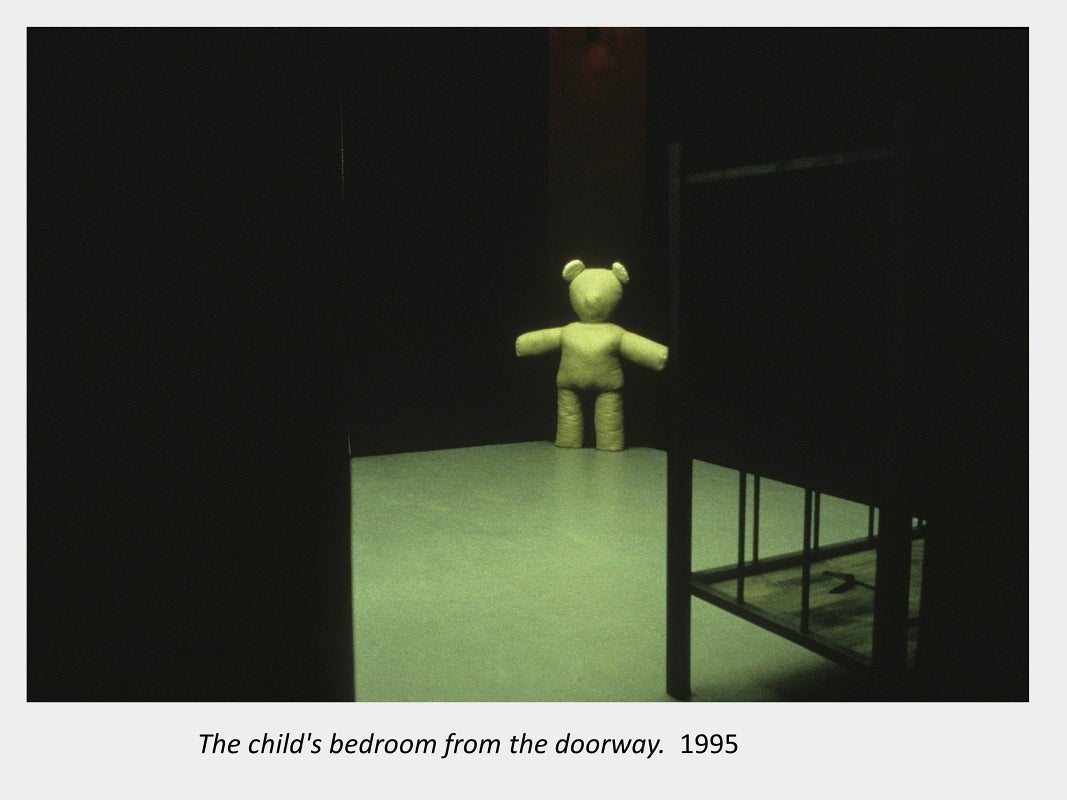 Artwork by Judith Mullett. The child's bedroom from the doorway. 1995.