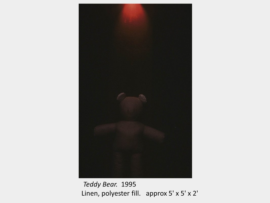 Artwork by Judith Mullett. Teddy Bear. 1995. Linen, polyester fill. approx 5' x 5' x 2'