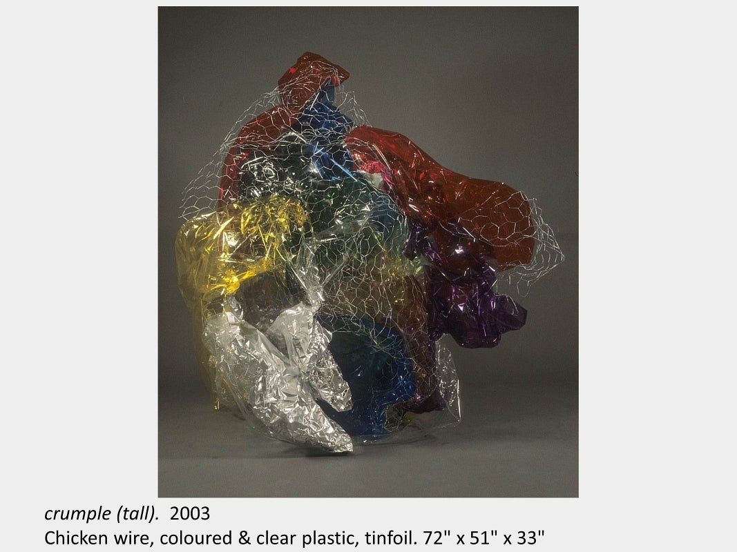 Artwork by Michael Murphy. crumple (tall). 2003. Chicken wire, coloured & clear plastic, tinfoil. 72" x 51" x 33"