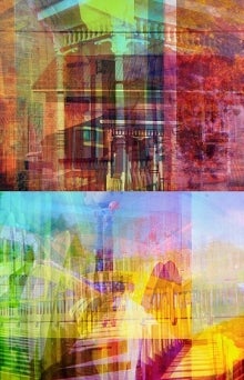 Artwork of brightly coloured, transparent and layered images of architecture.