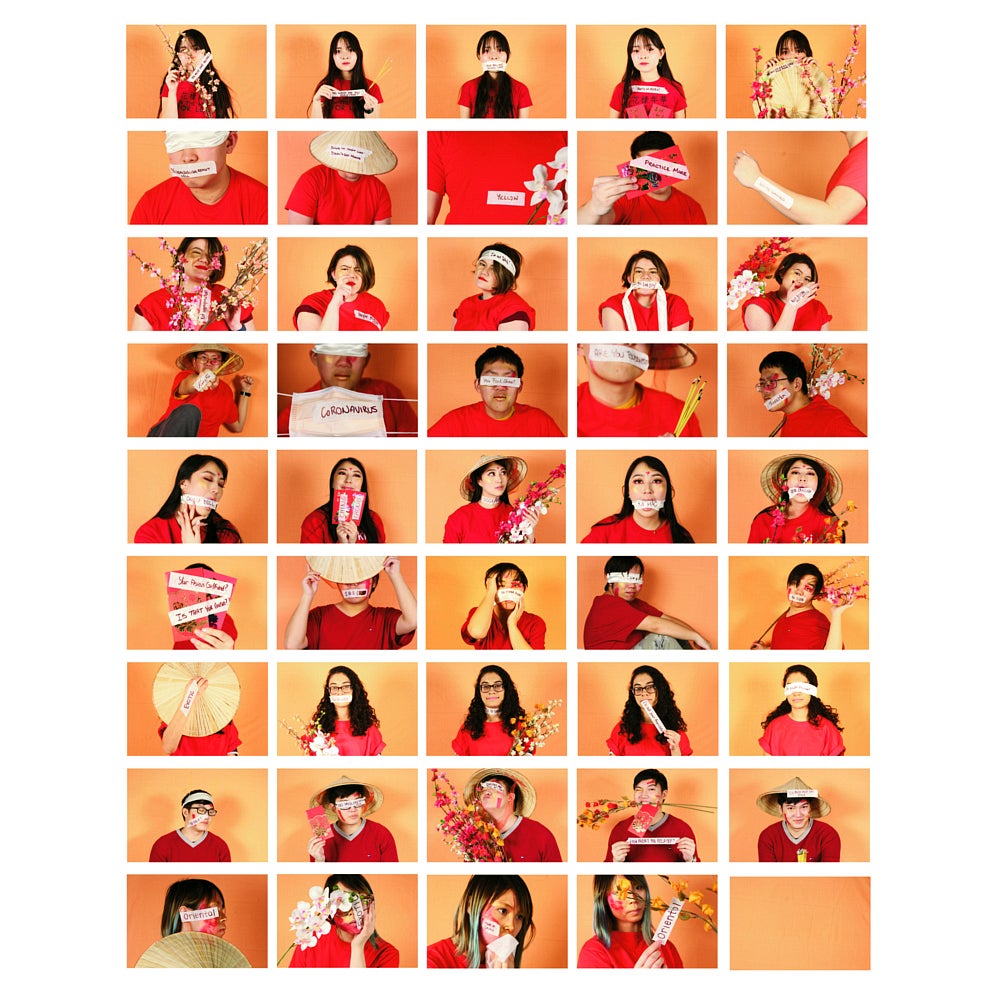 Portrait photographs of various people arranged in a gird of 5 x 9.  All wearing red t-shirts with an orange background.