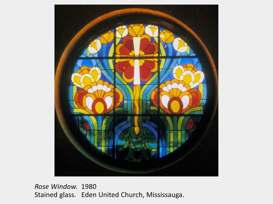 Artwork by Nancy Lou Patterson. Rose Window. 1980. Stained glass.  Eden United Church, Mississauga.