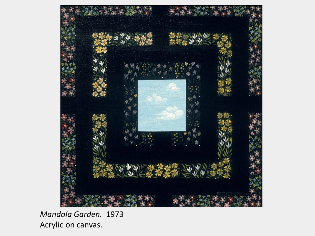 Artwork by Nancy Lou Patterson.  Mandala Garden. 1973. Acrylic on canvas.