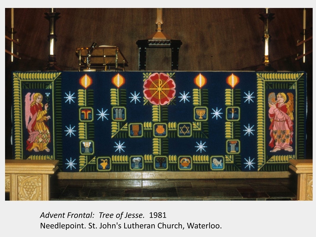 Artwork by Nancy Lou Patterson.  Advent Frontal:  Tree of Jesse.  1981. Needlepoint.  St. John's Lutheran Church, Waterloo.