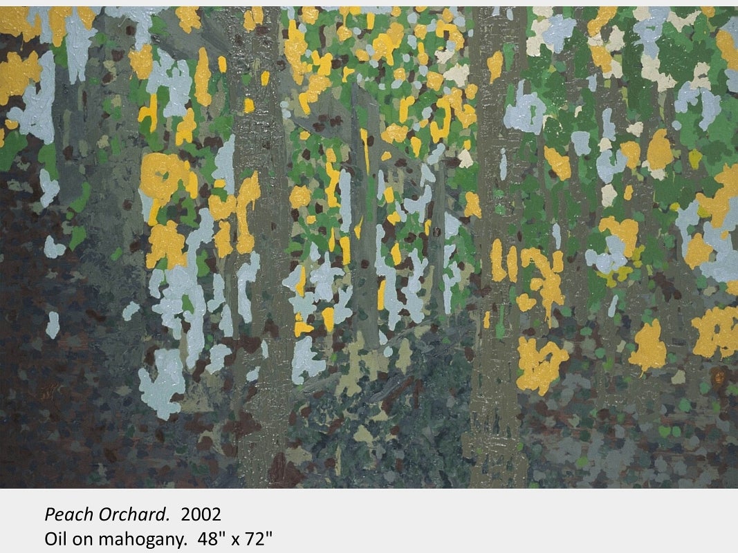 Artwork by Wojciech Olejnik. Peach Orchard. 2002. Oil on mahogany. 48" x 72"