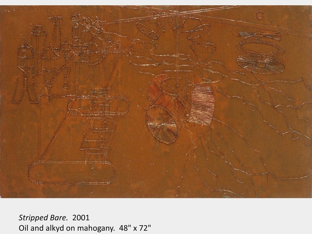 Artwork by Wojciech Olejnik. Stripped Bare. 2001. Oil and alkyd on mahogany. 48" x 72"