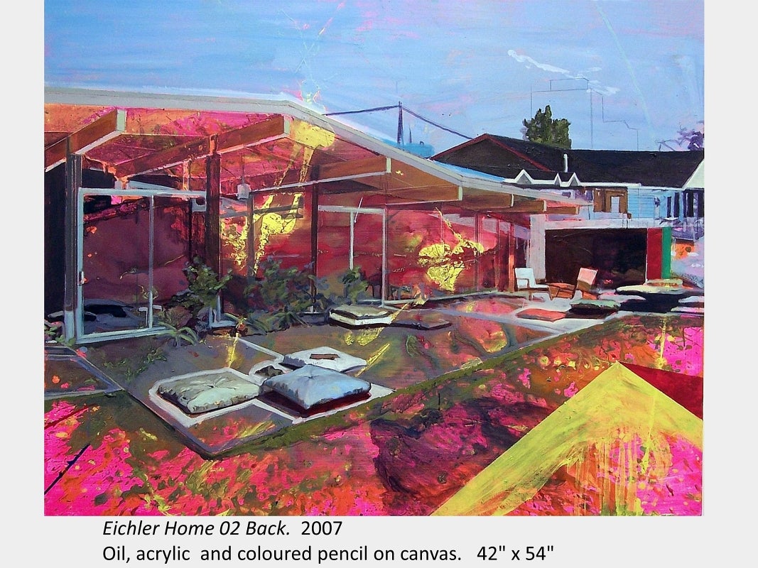 Artwork by James Olley. Eichler Home 02 Back. 2007. Oil, acrylic and coloured pencil on canvas. 42" x 54"