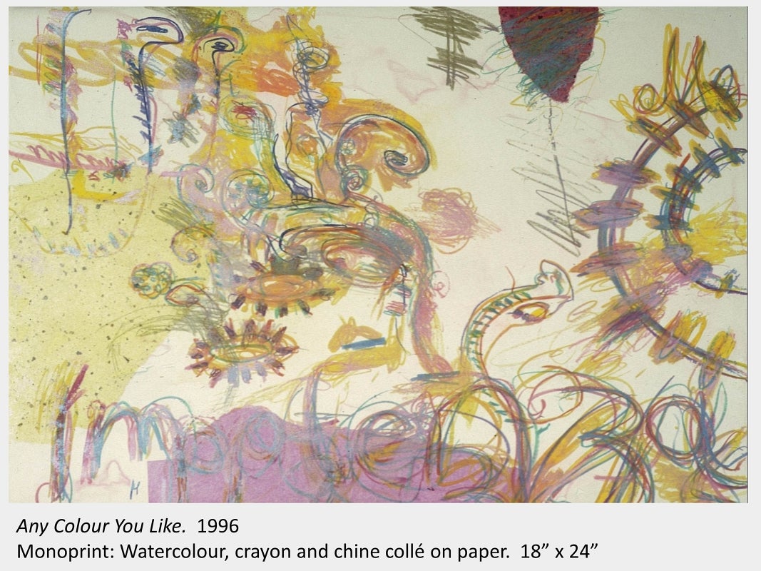 Artwork by Franco Orlandi. Any Colour You Like. 1996. Monoprint: Watercolour, crayon and chine collé on paper. 18” x 24”