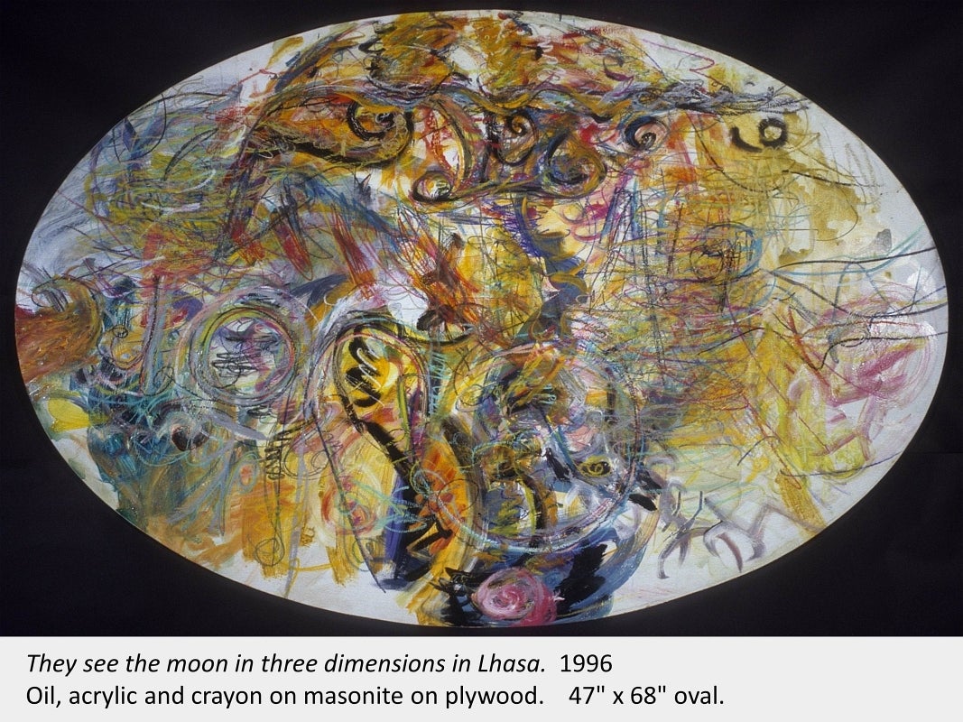 Artwork by Franco Orlandi. They see the moon in three dimensions in Lhasa. 1996. Oil, acrylic and crayon on masonite on plywood.