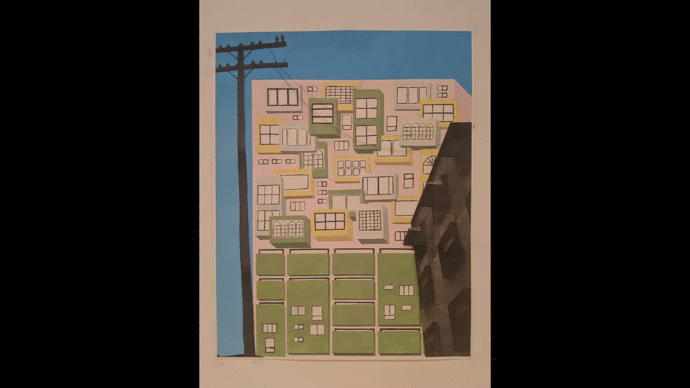 Painting of simplified apartment building; showing windows "opening" to reveal dark interior.