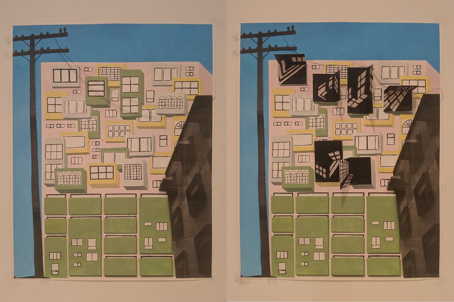 Painting showing two view of same work. Simplified apartment building; second image show windows "open" to reveal dark interior.