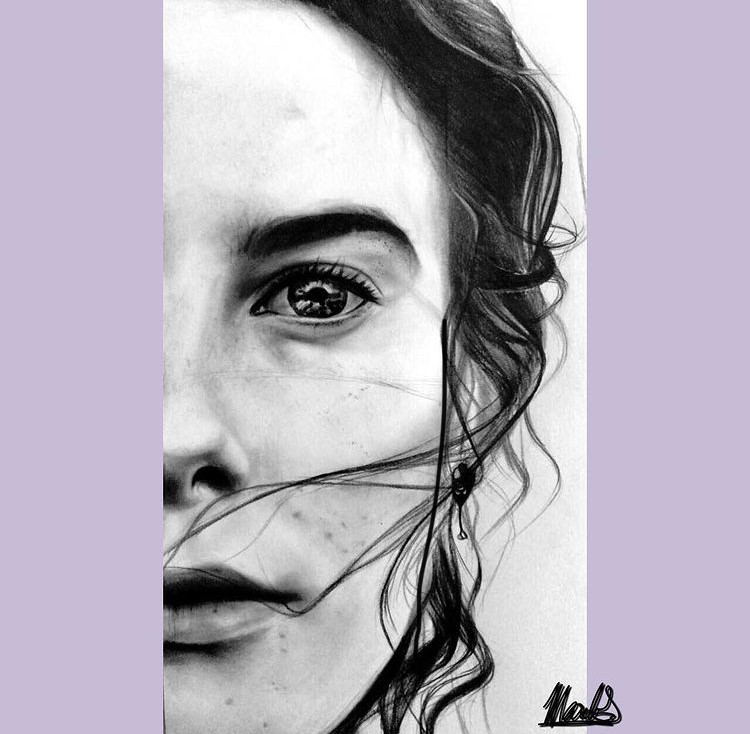Black and white drawing of the left side of person's face, bands of light purple on either side of drawing