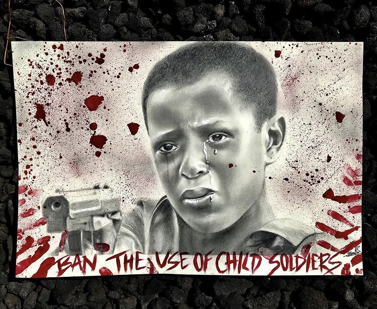 Artwork showing crying boy pointing a gun, Text reads "BAN THE USE OF CHILD SOLDIERS"