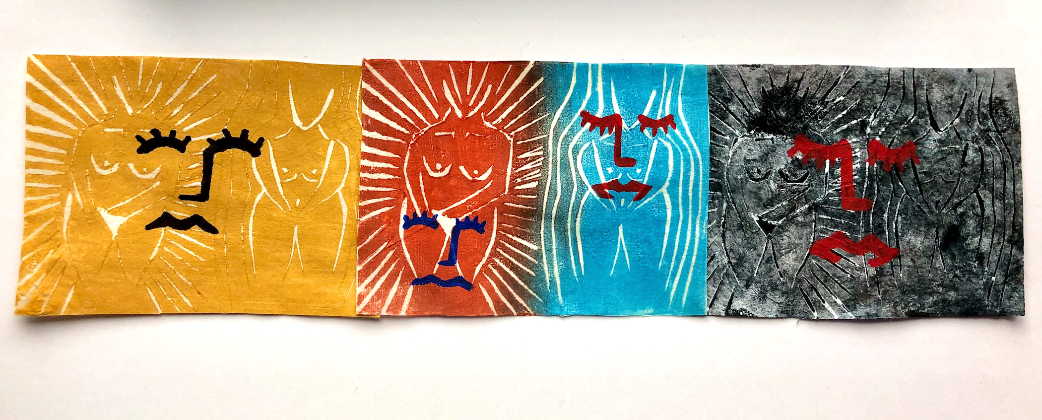 Artwork in sections of yellow, red, blue and black with 6 simplified and stylized outlines of female torso