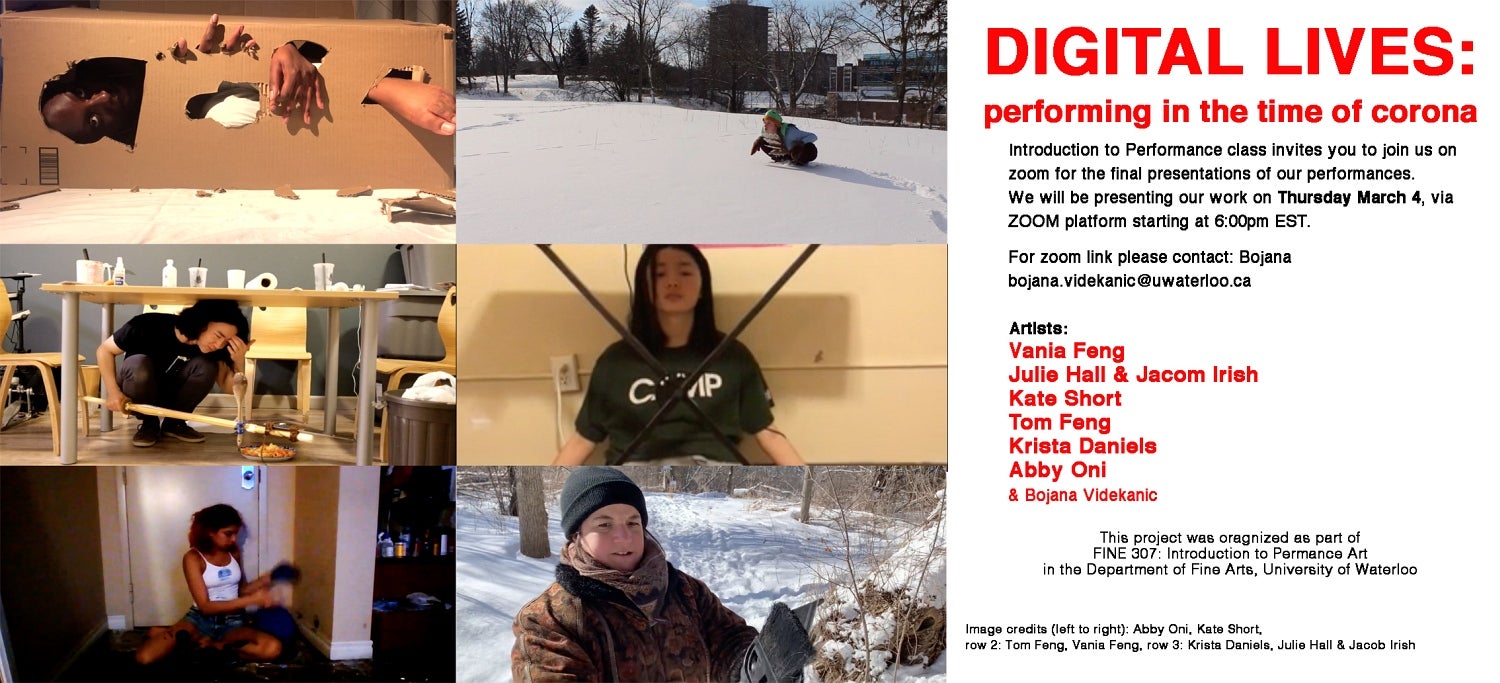 Poster for Digital Lives: performing in the time of Corona. Final presentations of the performances from FINE 307
