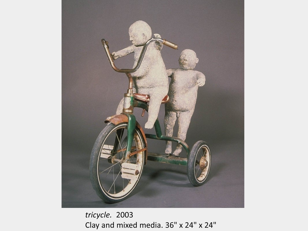 Artwork by Kasia Piech. tricycle. 2003. Clay and mixed media. 36" x 24" x 24"