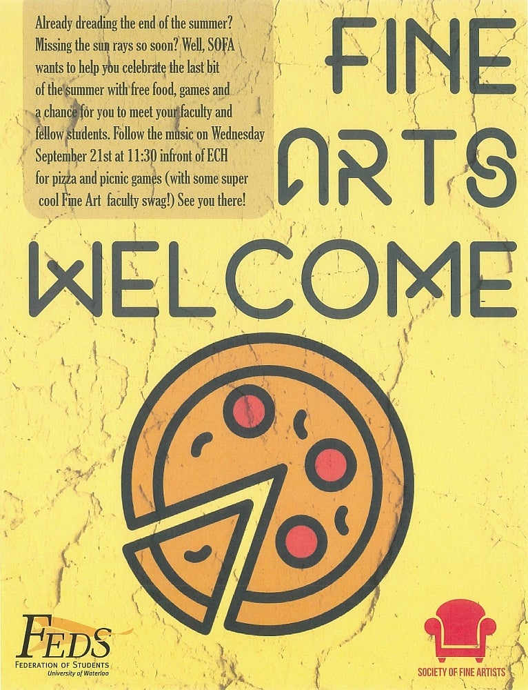 Poster for Fine Arts welcome pizza lunch