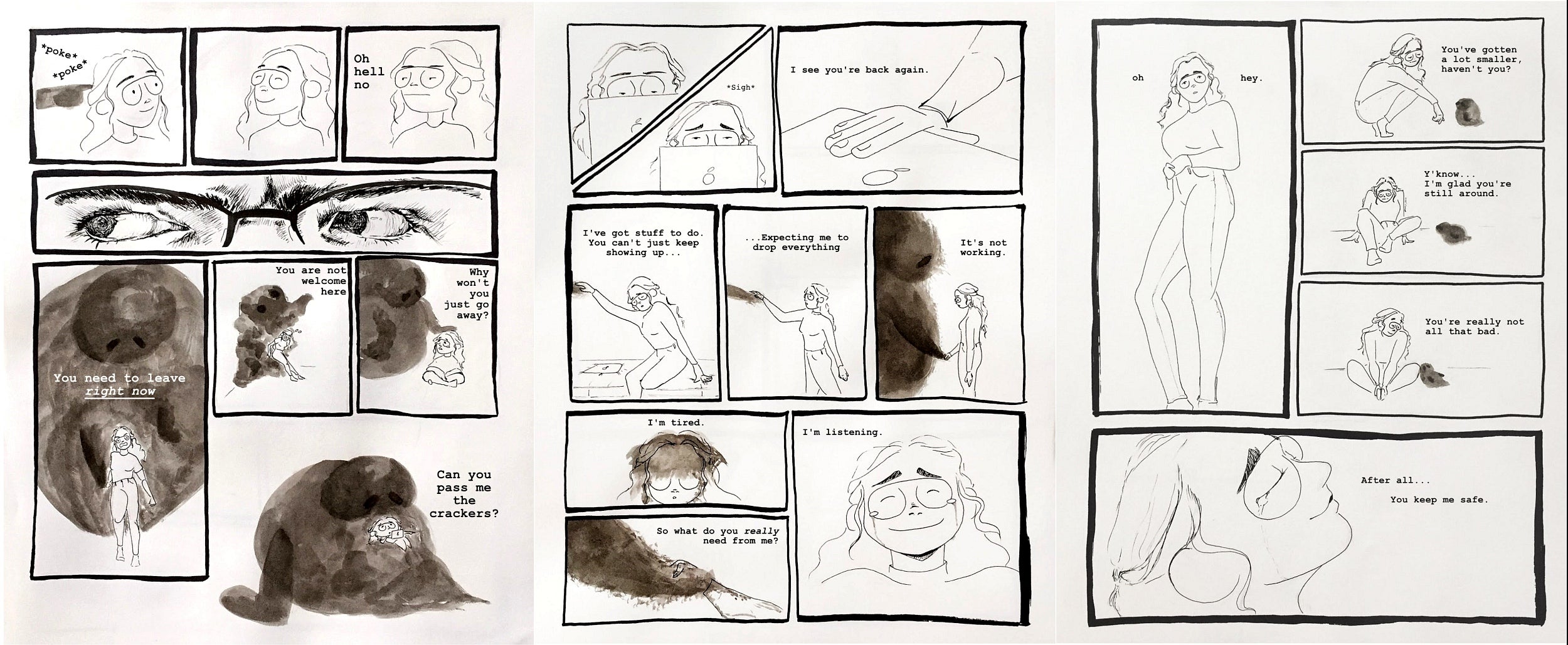 Drawings and text in comic book style showing person in conversation with a shadowy creature.