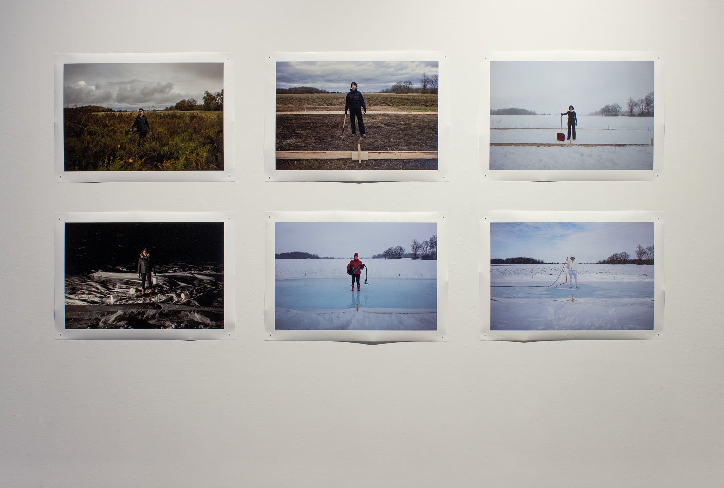 Six photographs of a person standing in a rural space at various times of the year showing the progression of an ice rink.