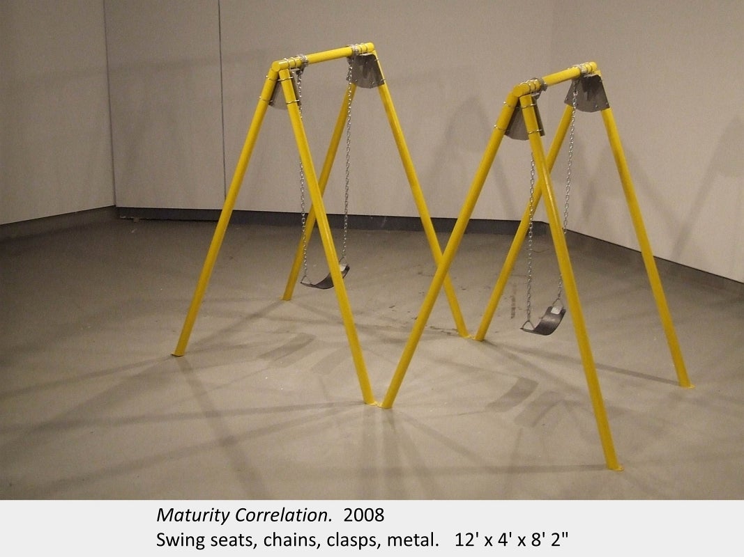 Artwork by Nathalie Quagliotto. Maturity Correlation. 2008. Swing seats, chains, clasps, metal. 12' x 4' x 8' 2"