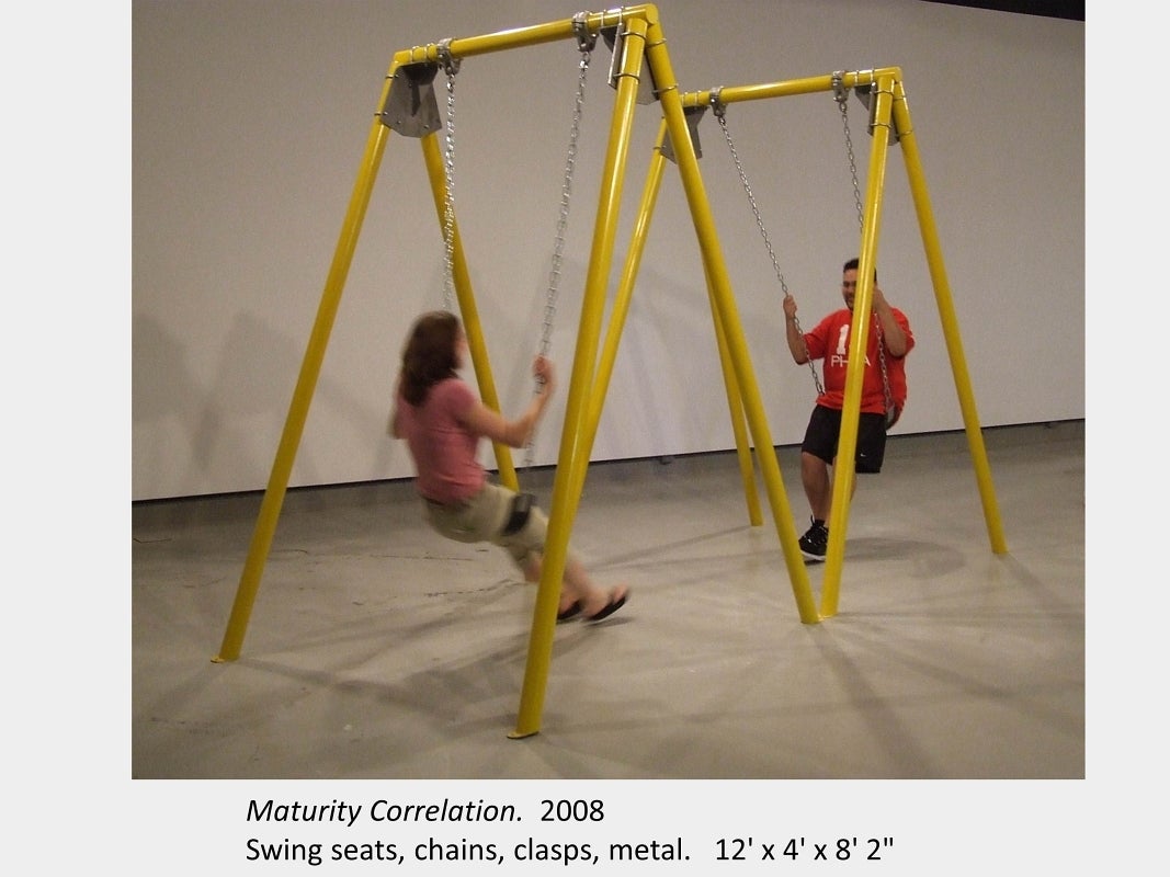 Artwork by Nathalie Quagliotto. Maturity Correlation. 2008. Swing seats, chains, clasps, metal. 12' x 4' x 8' 2"